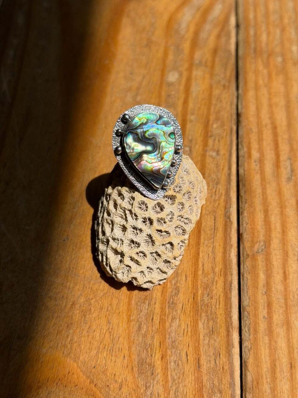 Sterling Silver Abalone Shell Teardrop Statement Ring Size 9